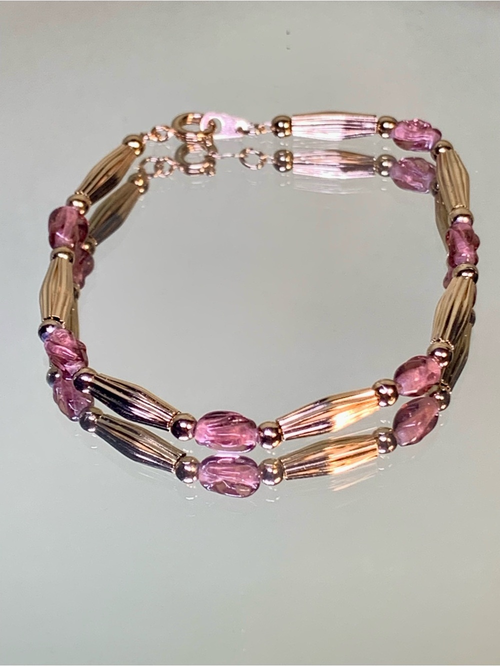 Delicate Pink Bead and Gold-Tone Tube Bracelet